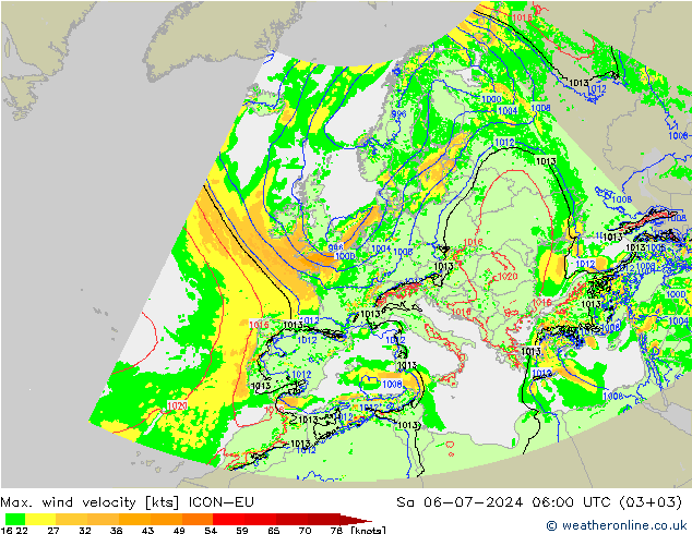 Max. wind velocity ICON-EU 星期六 06.07.2024 06 UTC