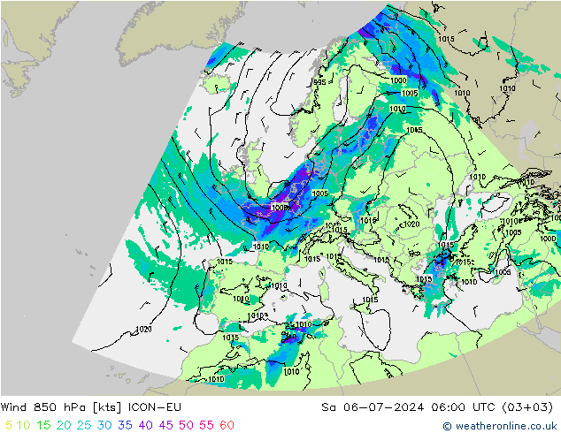 风 850 hPa ICON-EU 星期六 06.07.2024 06 UTC