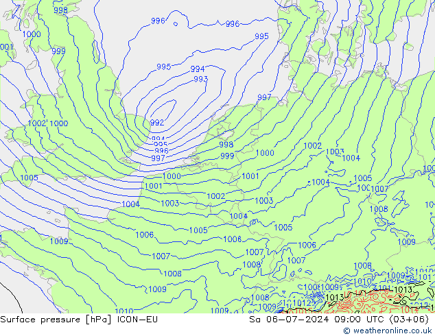 地面气压 ICON-EU 星期六 06.07.2024 09 UTC