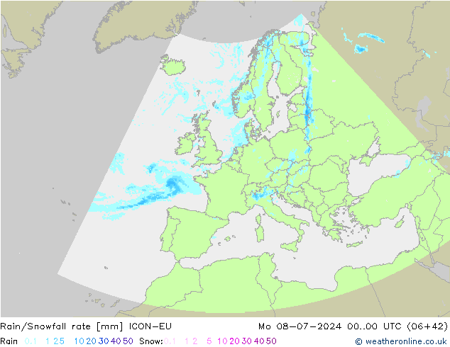 Rain/Snowfall rate ICON-EU 星期一 08.07.2024 00 UTC