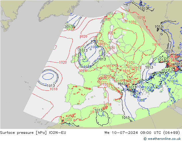 地面气压 ICON-EU 星期三 10.07.2024 09 UTC