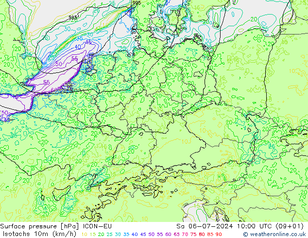 Isotachen (km/h) ICON-EU za 06.07.2024 10 UTC