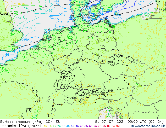 10米等风速线 (kph) ICON-EU 星期日 07.07.2024 09 UTC