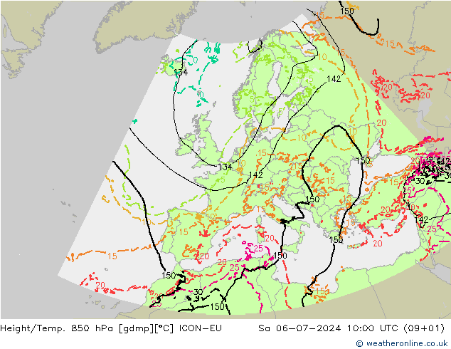Height/Temp. 850 hPa ICON-EU 星期六 06.07.2024 10 UTC