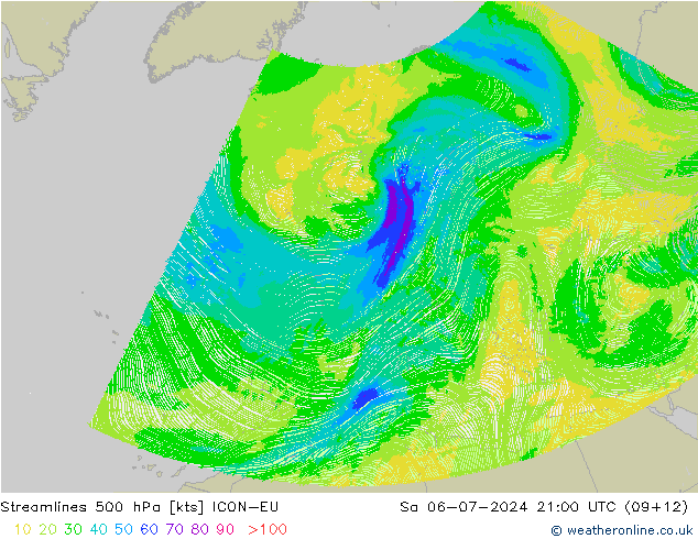 风 500 hPa ICON-EU 星期六 06.07.2024 21 UTC