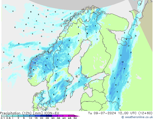 降水量 (12h) ICON-EU 星期二 09.07.2024 00 UTC