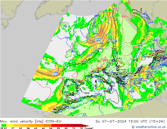 Max. wind velocity ICON-EU 星期日 07.07.2024 15 UTC