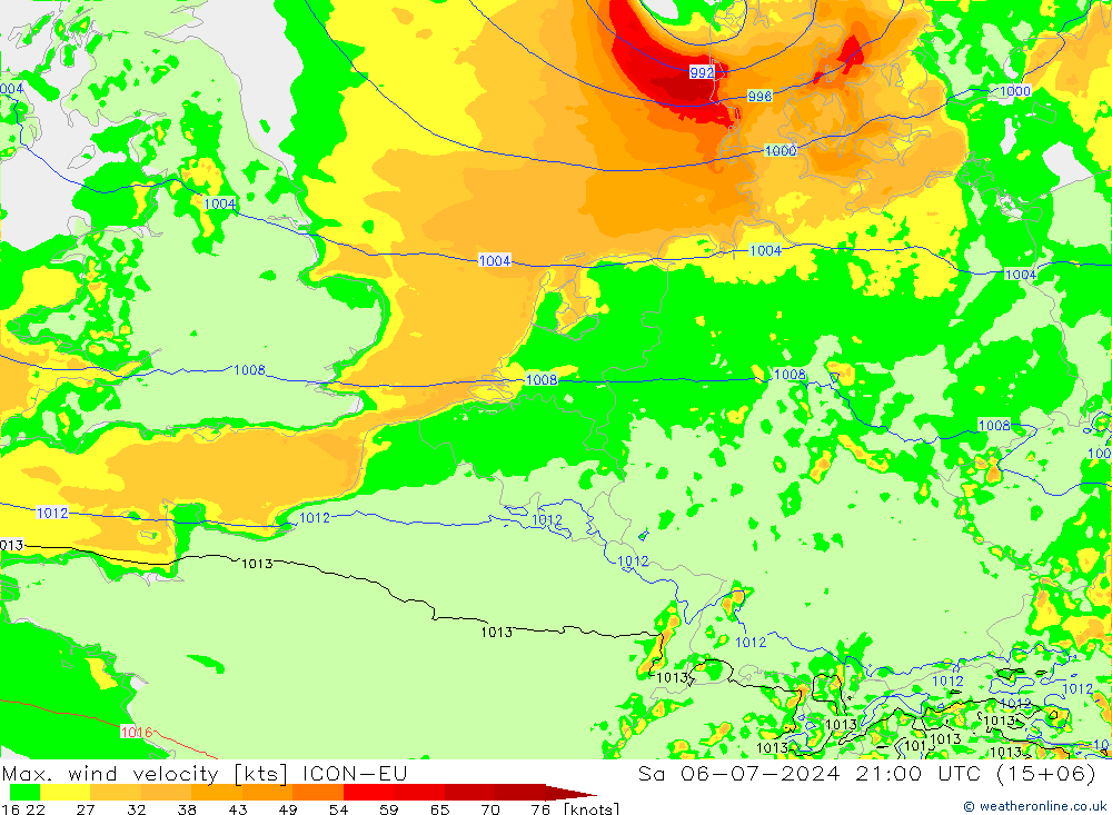 Max. wind velocity ICON-EU 星期六 06.07.2024 21 UTC