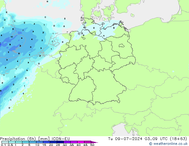 降水量 (6h) ICON-EU 星期二 09.07.2024 09 UTC