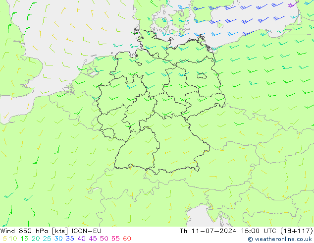 风 850 hPa ICON-EU 星期四 11.07.2024 15 UTC