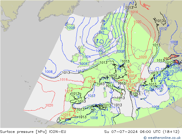 Luchtdruk (Grond) ICON-EU zo 07.07.2024 06 UTC