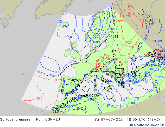 地面气压 ICON-EU 星期日 07.07.2024 18 UTC