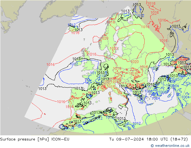 地面气压 ICON-EU 星期二 09.07.2024 18 UTC