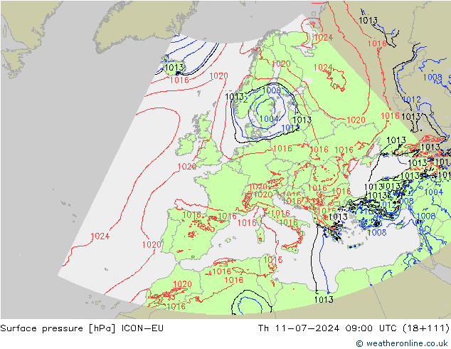 地面气压 ICON-EU 星期四 11.07.2024 09 UTC