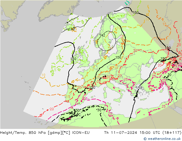 Hoogte/Temp. 850 hPa ICON-EU do 11.07.2024 15 UTC