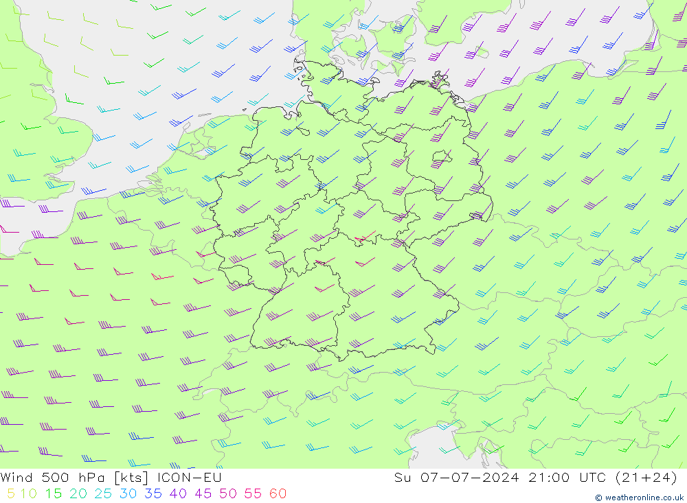 Wind 500 hPa ICON-EU zo 07.07.2024 21 UTC
