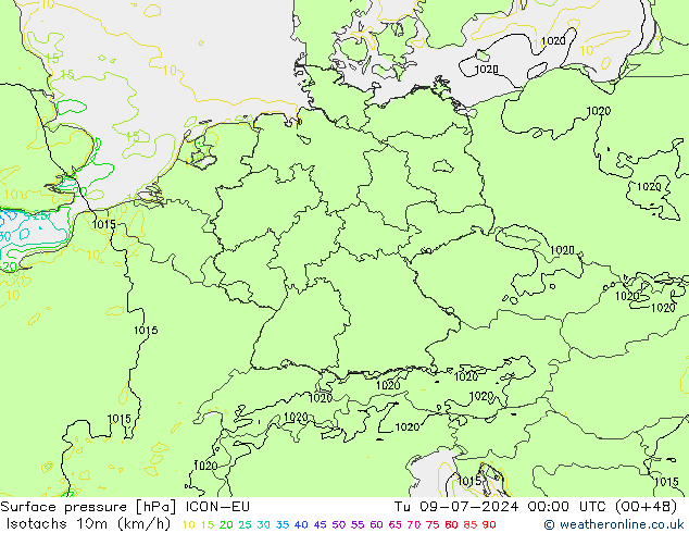 Isotachen (km/h) ICON-EU di 09.07.2024 00 UTC
