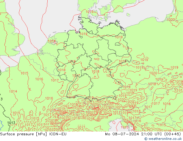 Luchtdruk (Grond) ICON-EU ma 08.07.2024 21 UTC