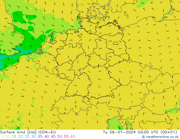 Wind 10 m ICON-EU di 09.07.2024 03 UTC