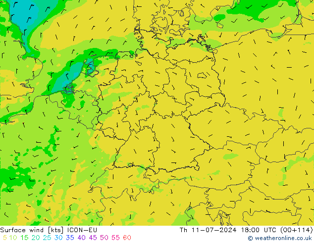 风 10 米 ICON-EU 星期四 11.07.2024 18 UTC
