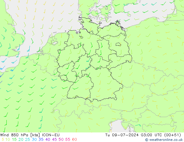 Wind 850 hPa ICON-EU di 09.07.2024 03 UTC