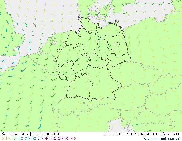 Wind 850 hPa ICON-EU di 09.07.2024 06 UTC
