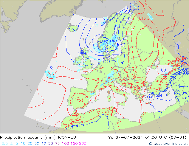 Precipitation accum. ICON-EU 星期日 07.07.2024 01 UTC
