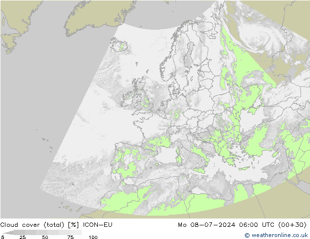 Bewolking (Totaal) ICON-EU ma 08.07.2024 06 UTC
