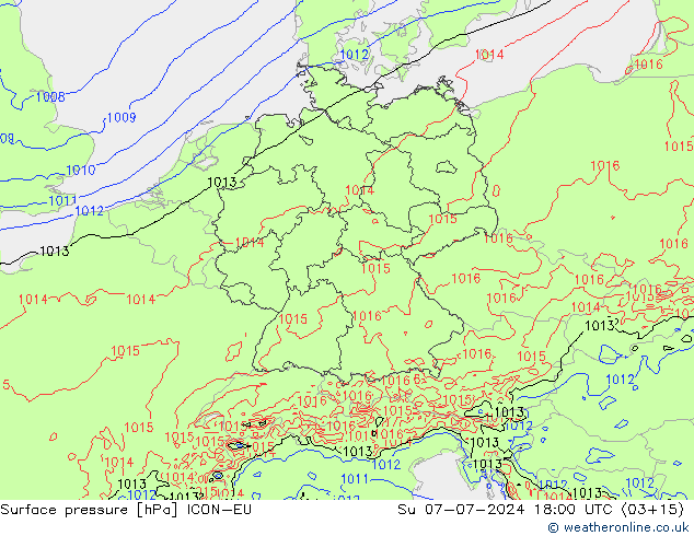 Luchtdruk (Grond) ICON-EU zo 07.07.2024 18 UTC
