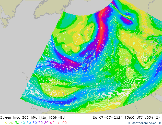 风 300 hPa ICON-EU 星期日 07.07.2024 15 UTC