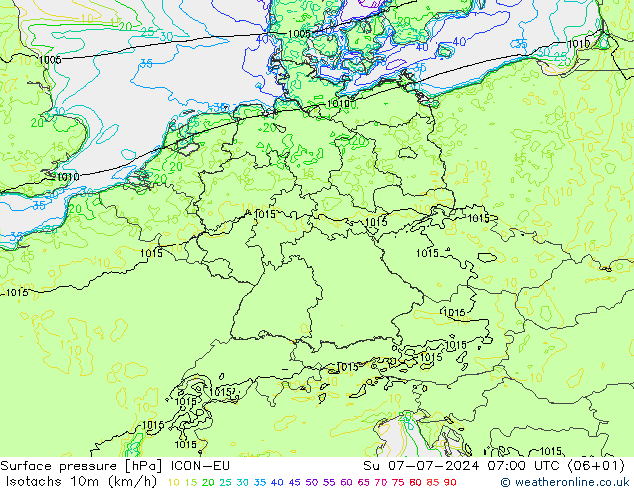 10米等风速线 (kph) ICON-EU 星期日 07.07.2024 07 UTC