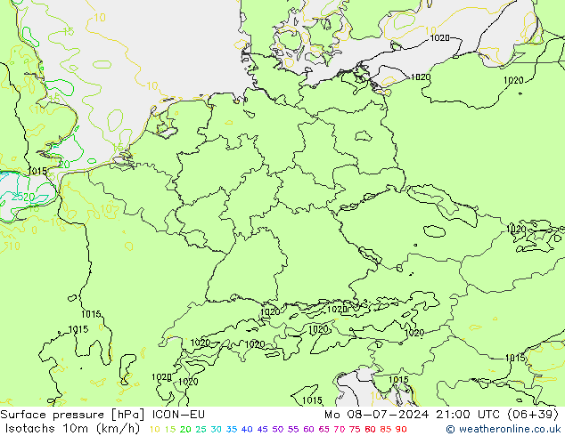 Isotachen (km/h) ICON-EU ma 08.07.2024 21 UTC