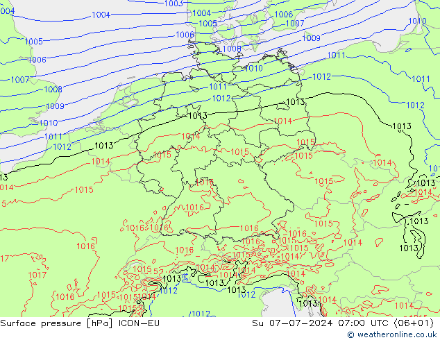 Luchtdruk (Grond) ICON-EU zo 07.07.2024 07 UTC