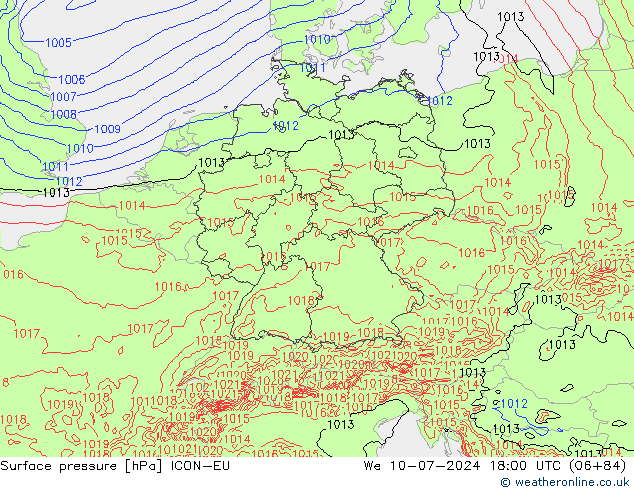 地面气压 ICON-EU 星期三 10.07.2024 18 UTC