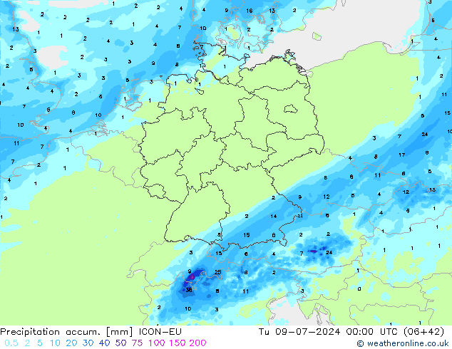 Precipitation accum. ICON-EU 星期二 09.07.2024 00 UTC