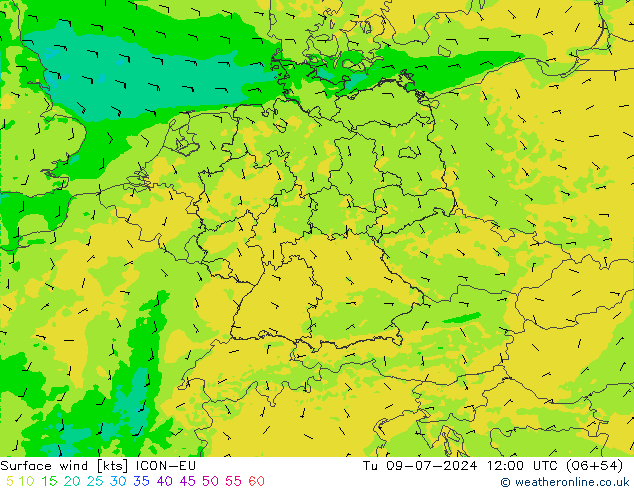 风 10 米 ICON-EU 星期二 09.07.2024 12 UTC