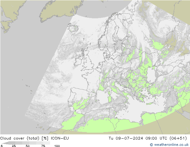 Bewolking (Totaal) ICON-EU di 09.07.2024 09 UTC