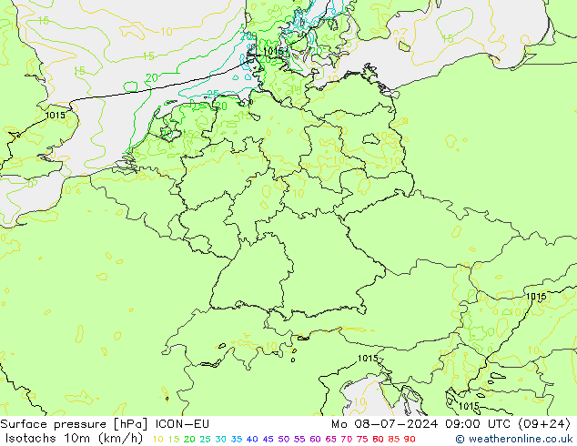 10米等风速线 (kph) ICON-EU 星期一 08.07.2024 09 UTC