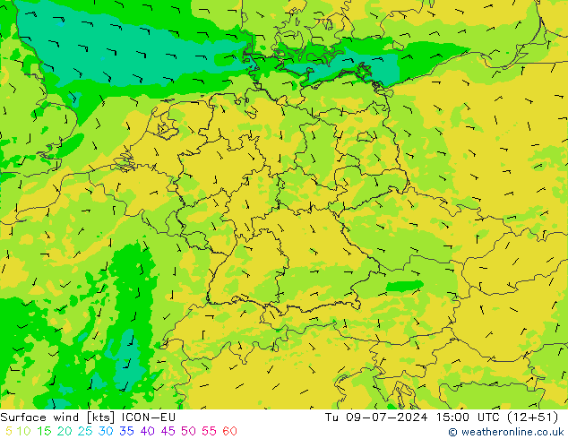 风 10 米 ICON-EU 星期二 09.07.2024 15 UTC
