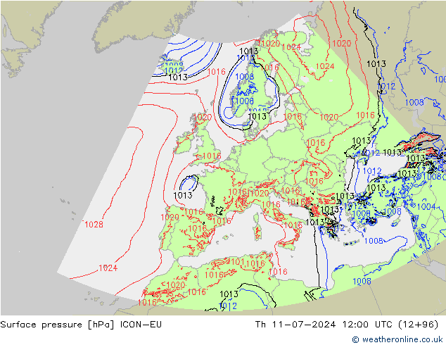 地面气压 ICON-EU 星期四 11.07.2024 12 UTC