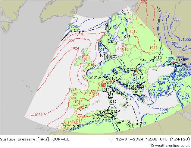 地面气压 ICON-EU 星期五 12.07.2024 12 UTC