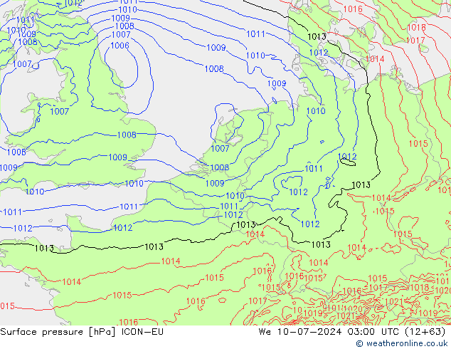地面气压 ICON-EU 星期三 10.07.2024 03 UTC