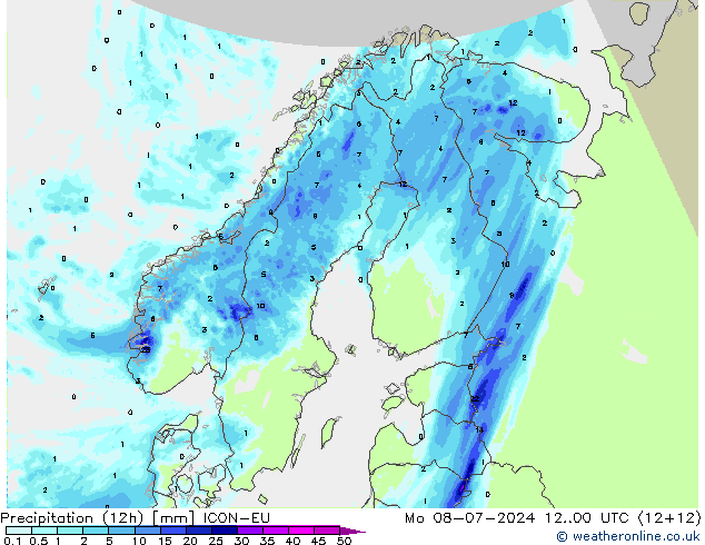 降水量 (12h) ICON-EU 星期一 08.07.2024 00 UTC