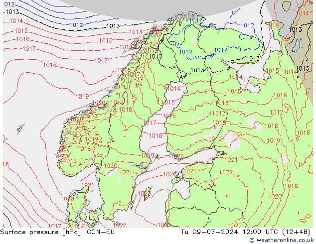 地面气压 ICON-EU 星期二 09.07.2024 12 UTC