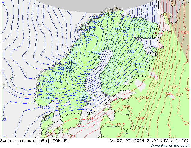 地面气压 ICON-EU 星期日 07.07.2024 21 UTC