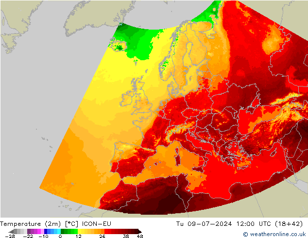 Temperatuurkaart (2m) ICON-EU di 09.07.2024 12 UTC