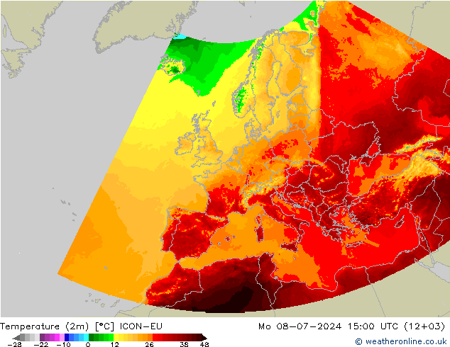 Temperatuurkaart (2m) ICON-EU ma 08.07.2024 15 UTC