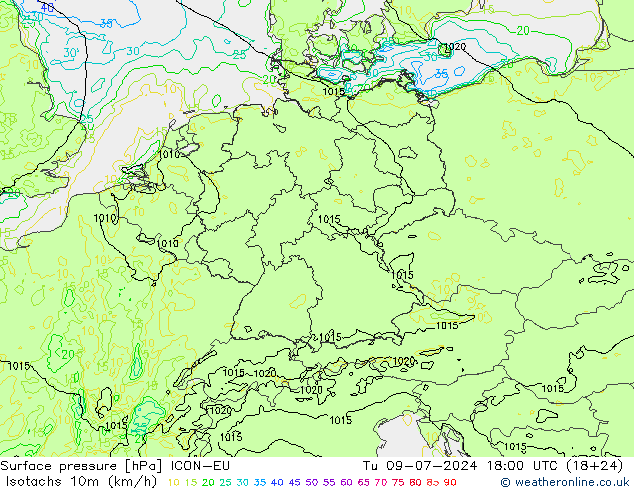 Isotachen (km/h) ICON-EU di 09.07.2024 18 UTC