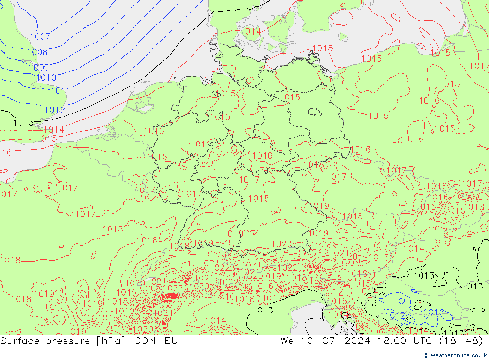 Luchtdruk (Grond) ICON-EU wo 10.07.2024 18 UTC