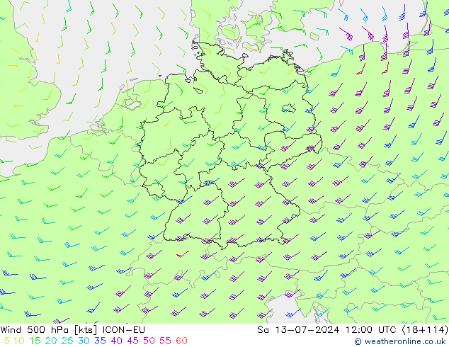Wind 500 hPa ICON-EU za 13.07.2024 12 UTC